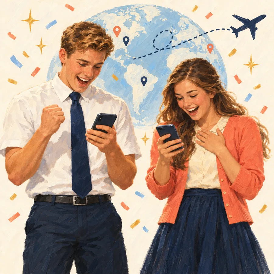 A young elder and sister excitedly reading their mission calls on their phones