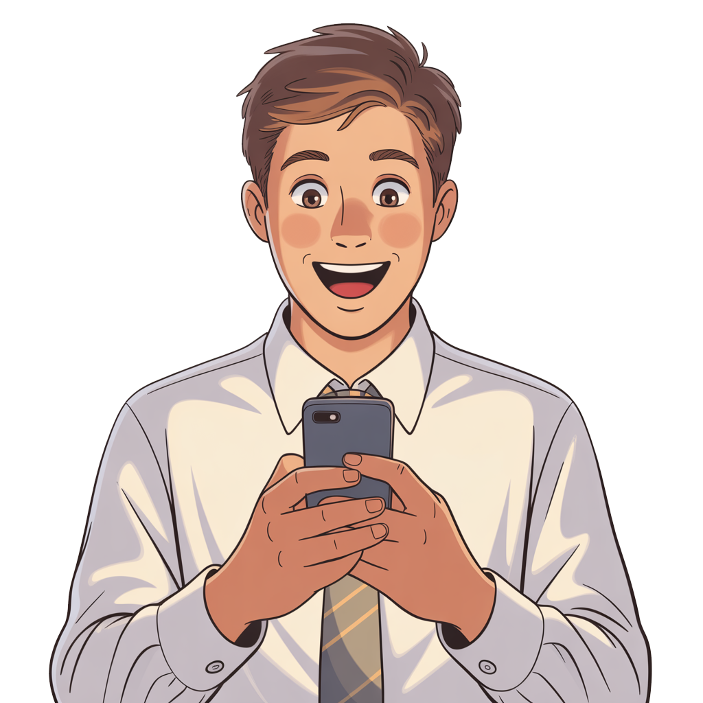 Excited elder checking his phone